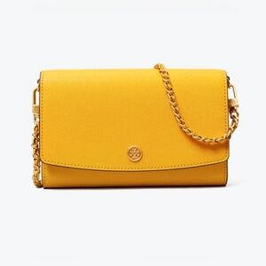 NEW TORY BURCH ROBINSON LEATHER WALLET ON CHAIN CROSSBODY Gold Hardware
